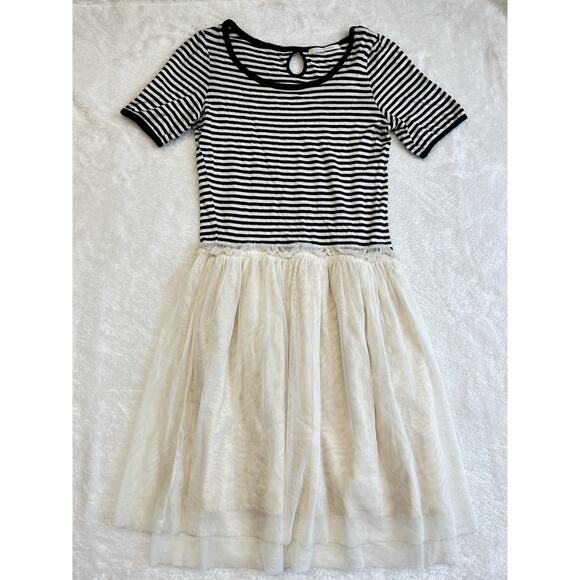 Olive Des Olive Black Ivory Stripe Short Sleeve Tulle Bottom Dress Medium - Picture 1 of 10